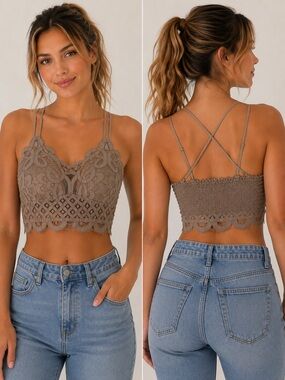 Zenana Lace Bralette Cami 3X NWT Taupe Floral Crochet Boho Plus Size Smock Back